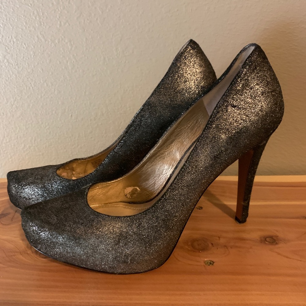 BCBG black with silver sparkle leather high heels